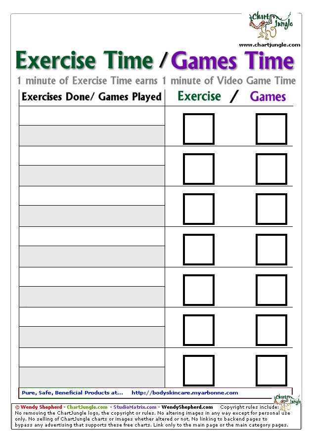 Free Printable exercise time video games time chart