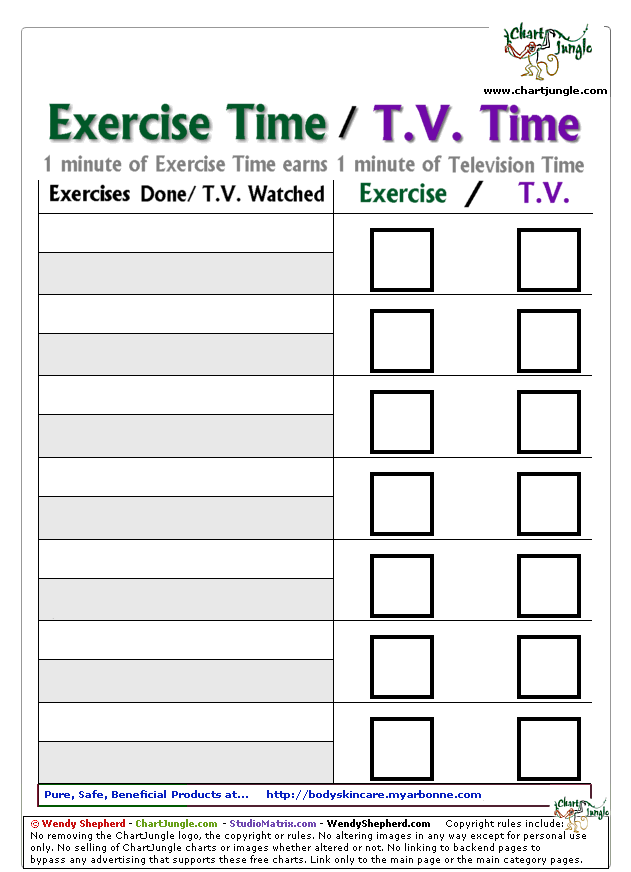 Free Printable exercise time tv time chart